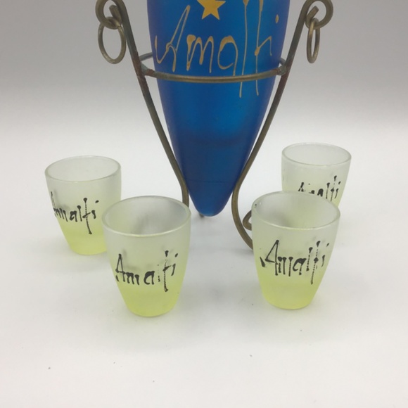 Italian Amalfi Souvenir Glass Amphora/Flask w Metal Stand and 4 Limoncello fr - Picture 3 of 16